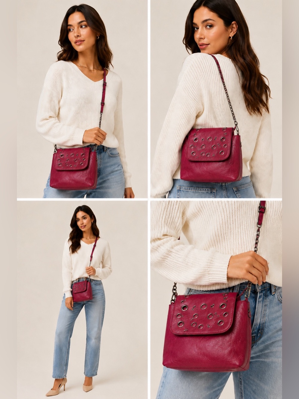 BCBG Enervation Burgundy Grommet Crossbody Backpack Purse Convertible Bag Boho